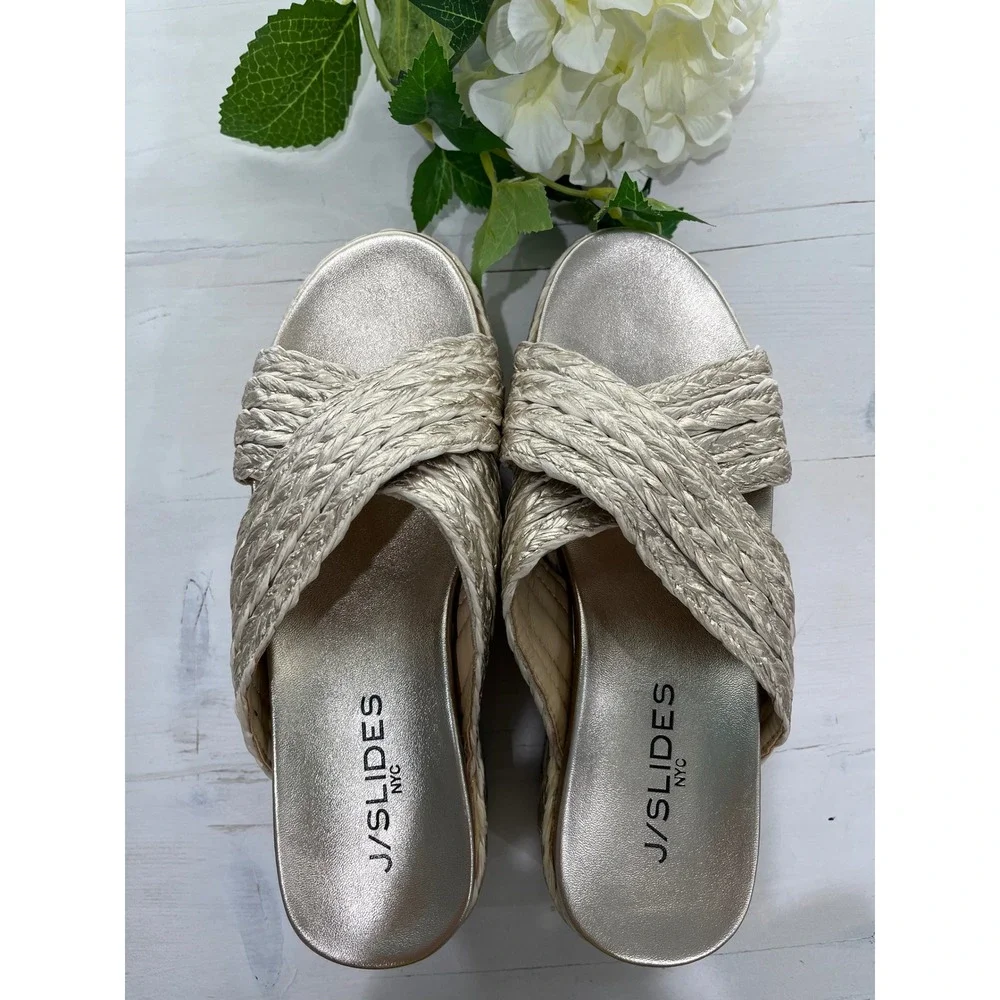 J/Slides NYC Gold Woven Cross Strap Platform Wedge‎ Sandals